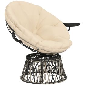 360° Swivel Outdoor Papasan Chair, Overstuffed Circle Chair with Side Tray, Thickened Cushion for Indoor, Patio, Beige