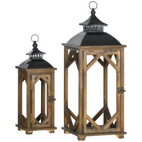 2 Pack Large Rustic Lantern Decorative Hanging Wooden Metal Indoor Outdoor Black Dark Wood Color