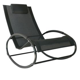 Patio Rocking Chair, Outdoor Chaise Lounger with Headrest Pillow and Breathable Fabric for Backyard, Living Room, Deck and Poolside, Black