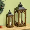 2 Pack Large Rustic Lantern Decorative Hanging Wooden Metal Indoor Outdoor Black Dark Wood Color